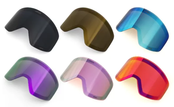 A collection of ski goggles lenses.