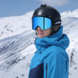 A male wearing an Infinity 2 Black - Ice Blue goggles - Front side view
