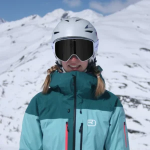 A female wearing an Infinity 2 White - Onyx Black goggles - Front view