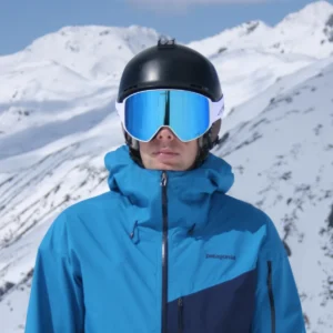 A male wearing an Infinity 2 White - Ice Blue goggles - Front view