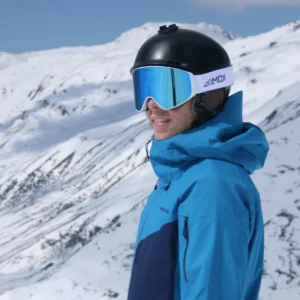 A male wearing an Infinity 2 White - Ice Blue goggles - Front side view